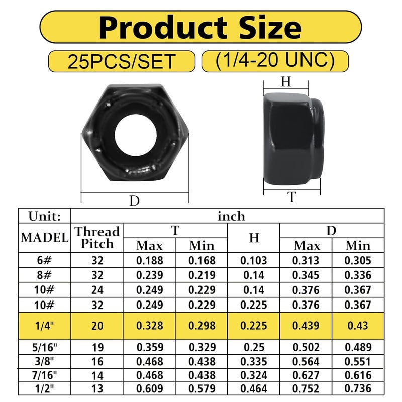 FOJOO 25 Pack 1/4"-20 Lock Nuts,Black Oxide 304 (A2-70) Stainless Steel Nylon Insert Locknuts Standard Inch Thread Nylock Nuts for Hardware, Machinery, Automotive, Furniture Repair - Image 2